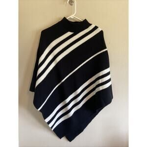 Isabel Harvey Black White Knit Striped Mock Neck Poncho Womens One Size NEW NWT